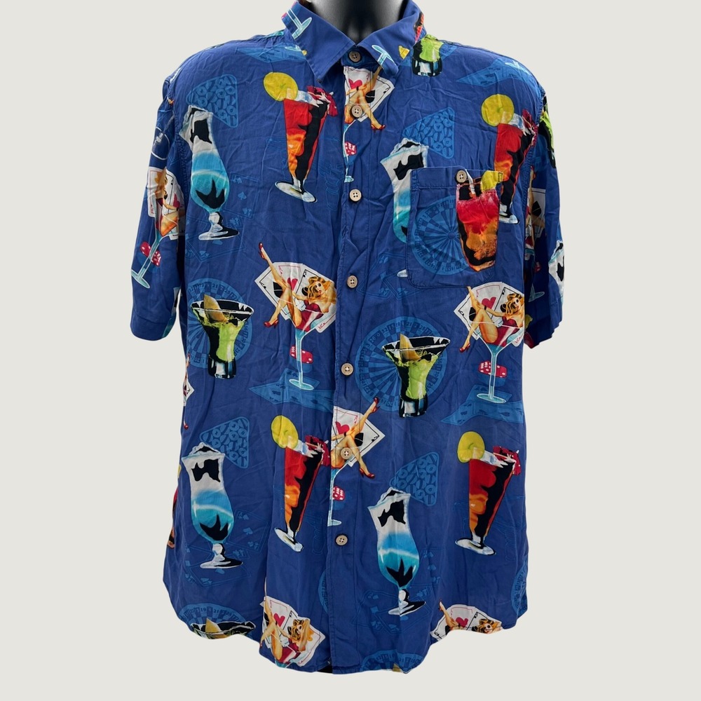 Junction West Mens XXL Casino Pin Up Cocktail Rayon Hawaiian Shirt Blue Retro - Picture 9 of 11